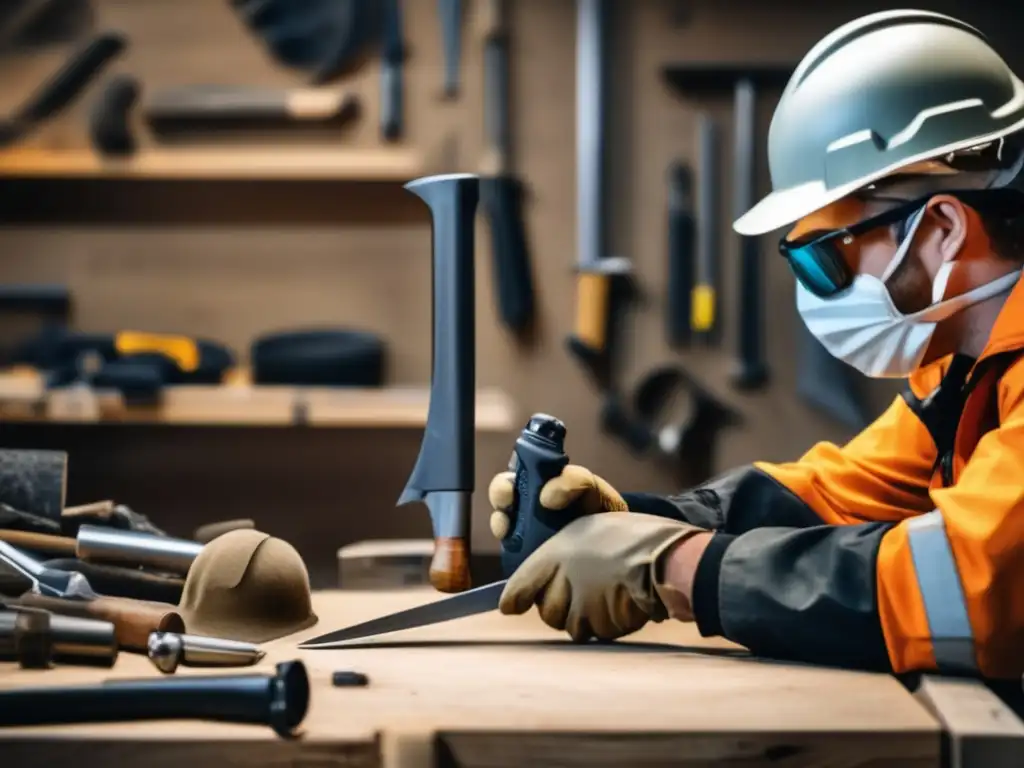 Persona con equipo de protección trabajando en taller de construcción de armas de supervivencia