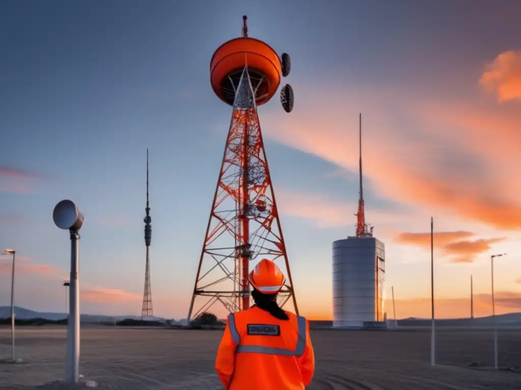 Importancia radios emergencia supervivencia: persona en chaleco naranja frente a torre comunicación, antenas y atardecer vibrante