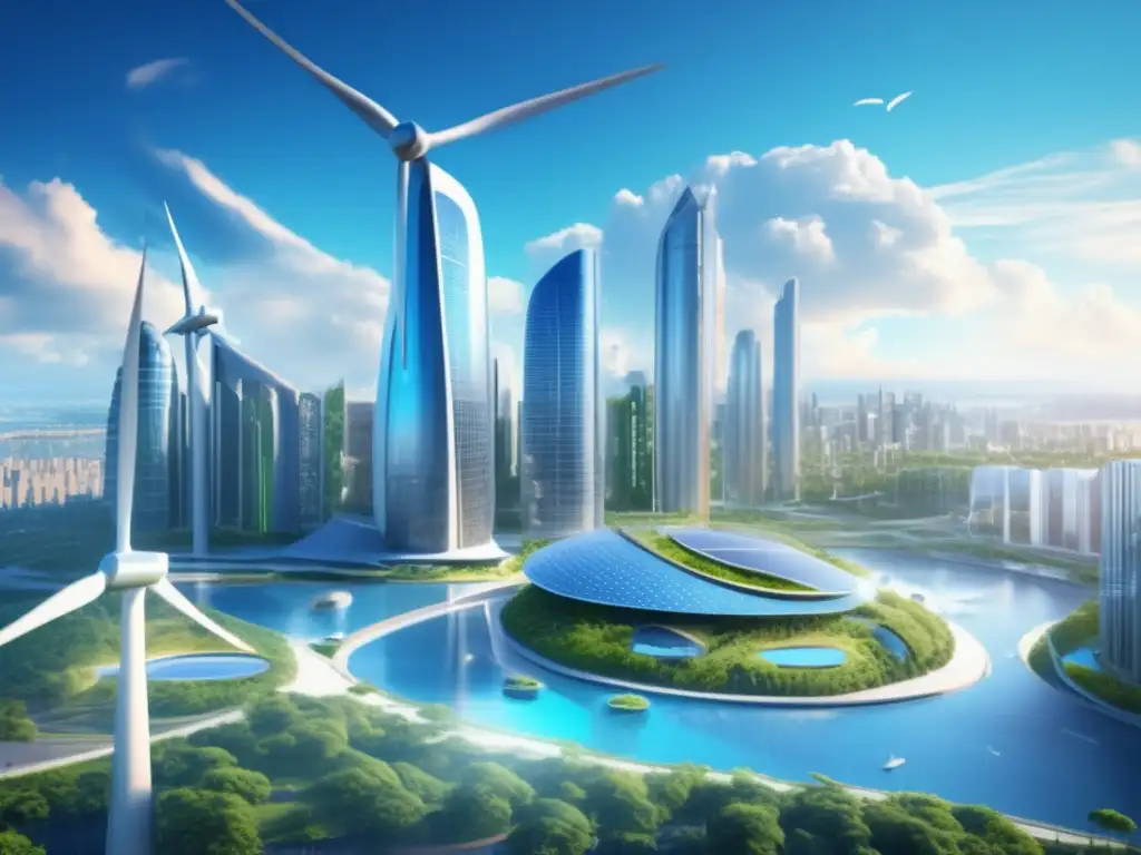 Imagen de ciudad futurista y sostenible con energía renovable