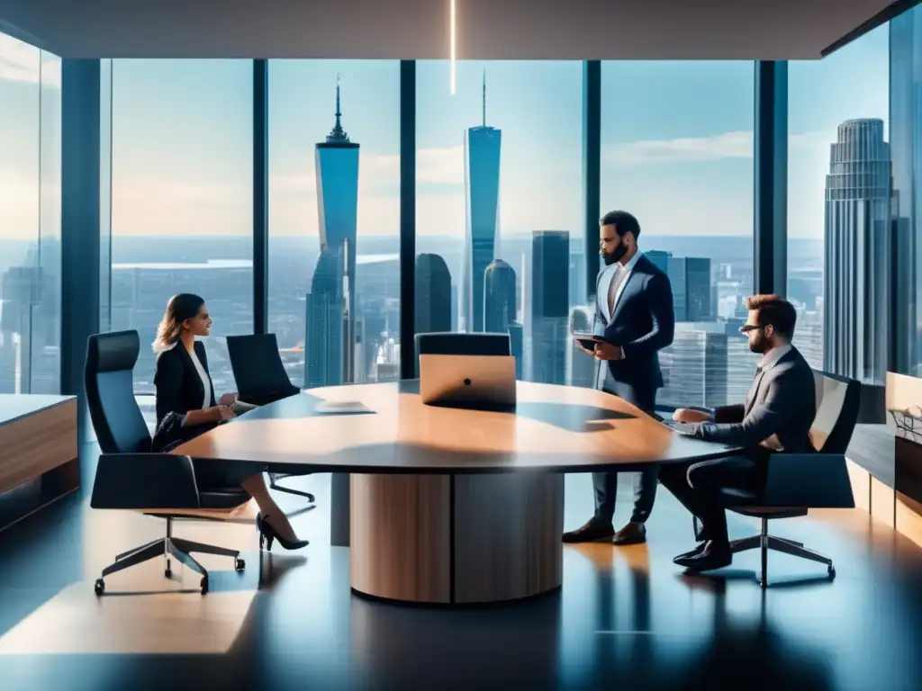 Moderna sala de conferencias con vista a la ciudad, muebles elegantes, gadgets de alta tecnología y dos personas negociando