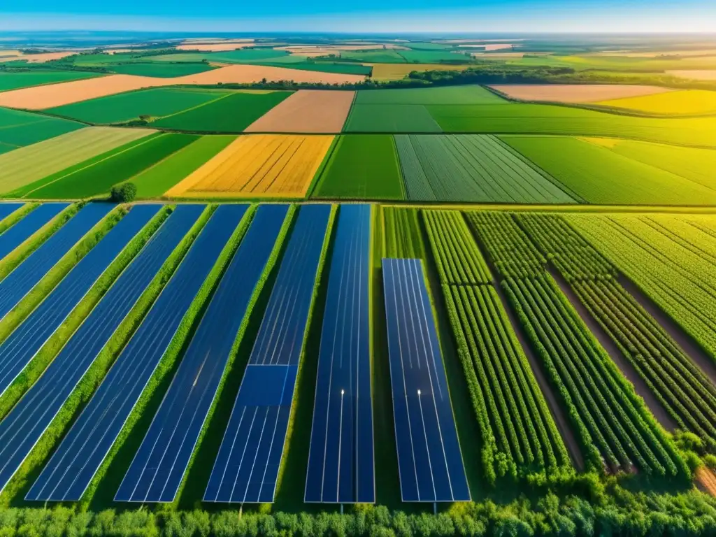 Energías Renovables en Crisis: Hermosa imagen 8k muestra granja soleada con cultivos verdes y paneles solares futuristas