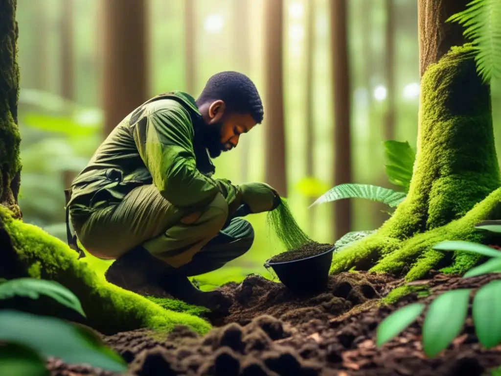 Camuflaje en el bosque: Persona aplicando barro Persona aplicando camuflaje en bosque para supervivencia