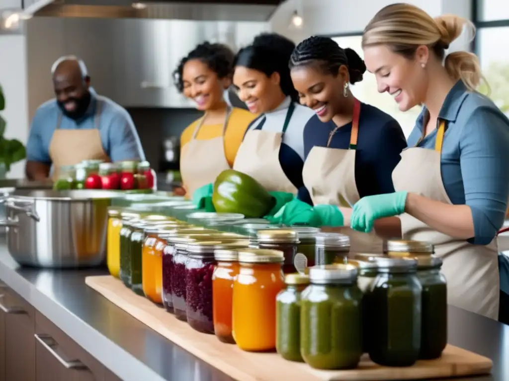 Personas en cocina moderna, seguras, etiquetando conservas caseras