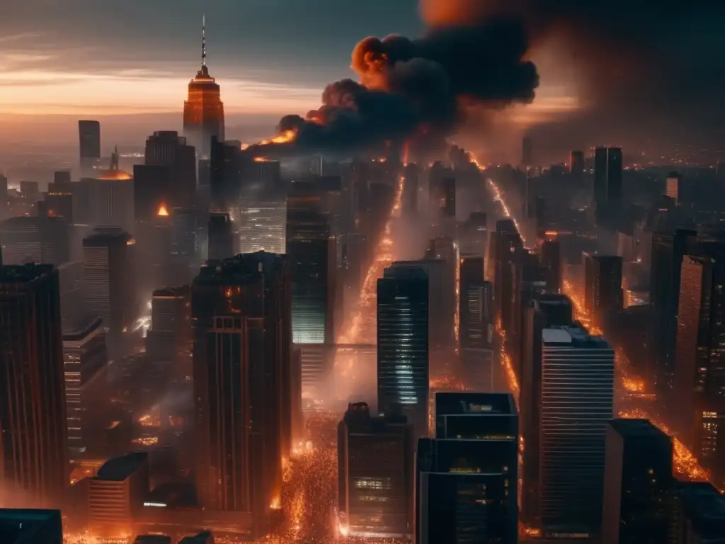 Caos en la ciudad: crisis y resiliencia Huida en crisis: ciudad caótica, oscuridad, luces titilantes, edificios en llamas, gente en pánico, figura determinada con linterna guiando a otros