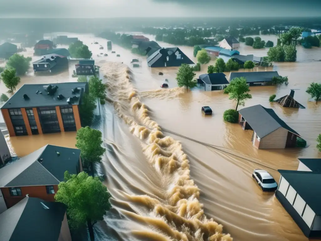 Impactos de una inundación: Urgencia en la ciudad durante una intensa inundación, con personas buscando seguridad y respondedores de emergencia