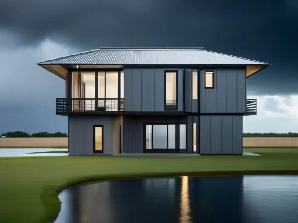 Casa moderna fortificada con puertas y ventanas reforzadas, techo resistente y sistema de almacenamiento de agua