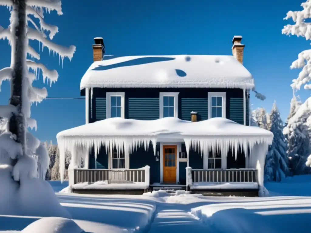 Casa residencial cubierta de nieve y hielo en un paisaje invernal