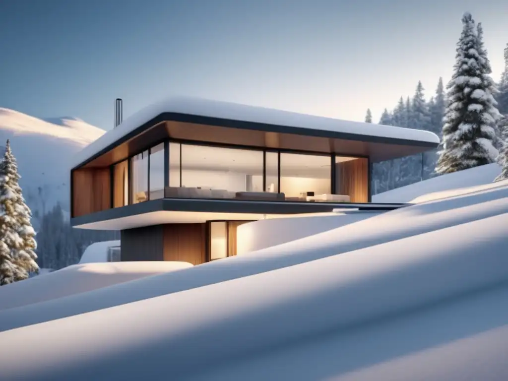 Casa resistente tormentas nieve, arquitectura moderna en paisaje nevado