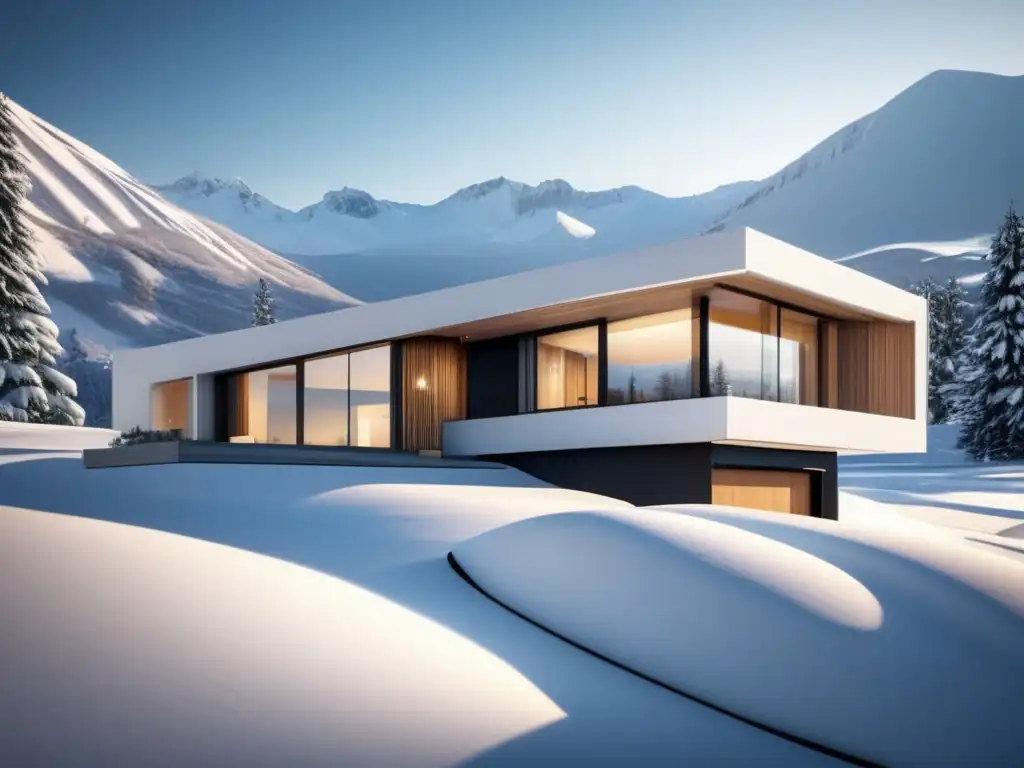 Casa resistente tormentas nieve, diseño minimalista, ventanales amplios, paisaje nevado y montañas