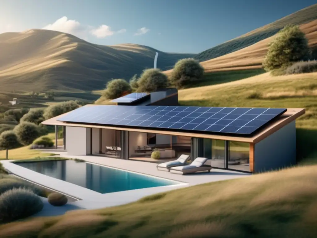 Casa moderna con energía renovable para preppers: escenario idílico, paneles solares brillantes, sistema de batería avanzado y seguridad robusta