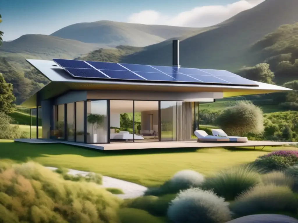 Casa solar moderna en paisaje pintoresco, con diseño futurista, energía solar y jardines verdes