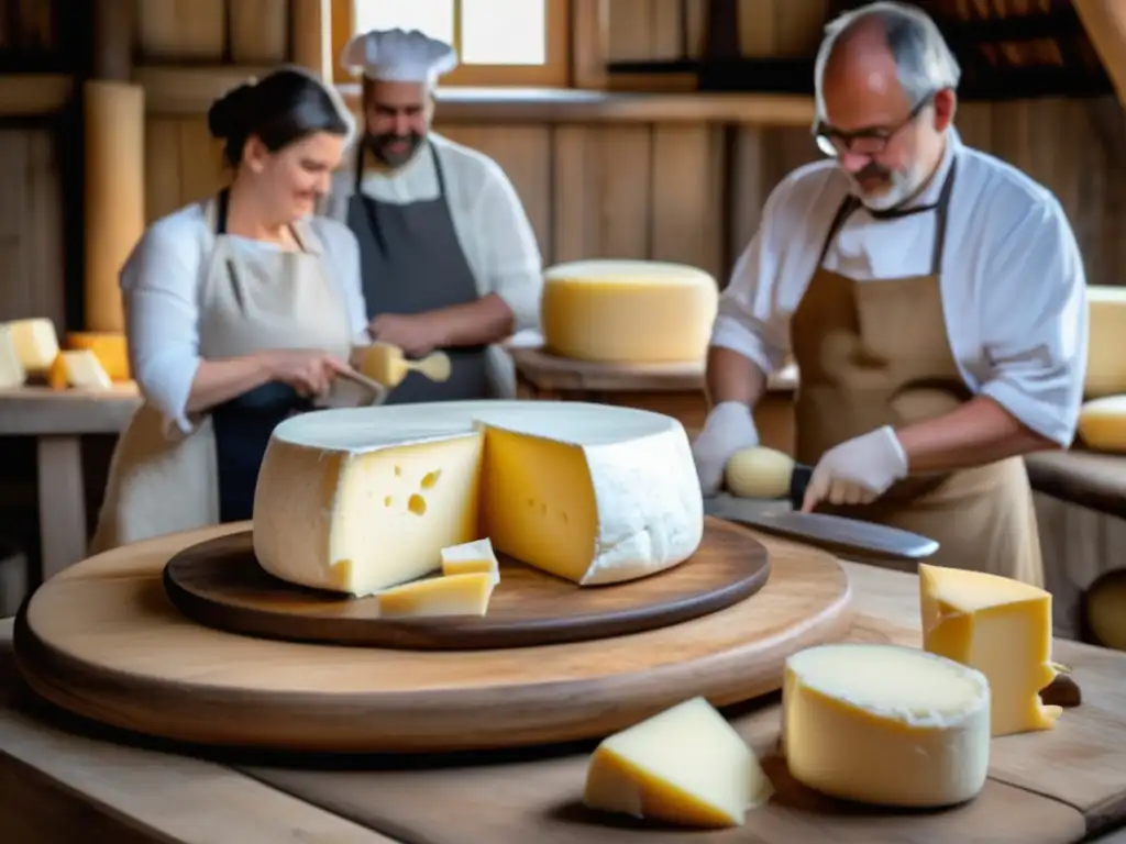 Preparacionismo queso casero supervivencia: Taller tradicional de elaboración de queso con mesa de madera y etapas de producción, experto cortando y moldeando la cuajada, quesos en estanterías