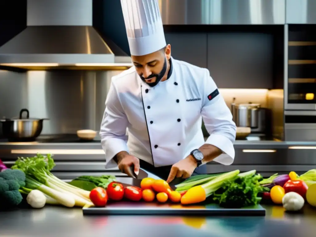 Chef profesional en cocina moderna, cortando vegetales en encimera de acero inoxidable