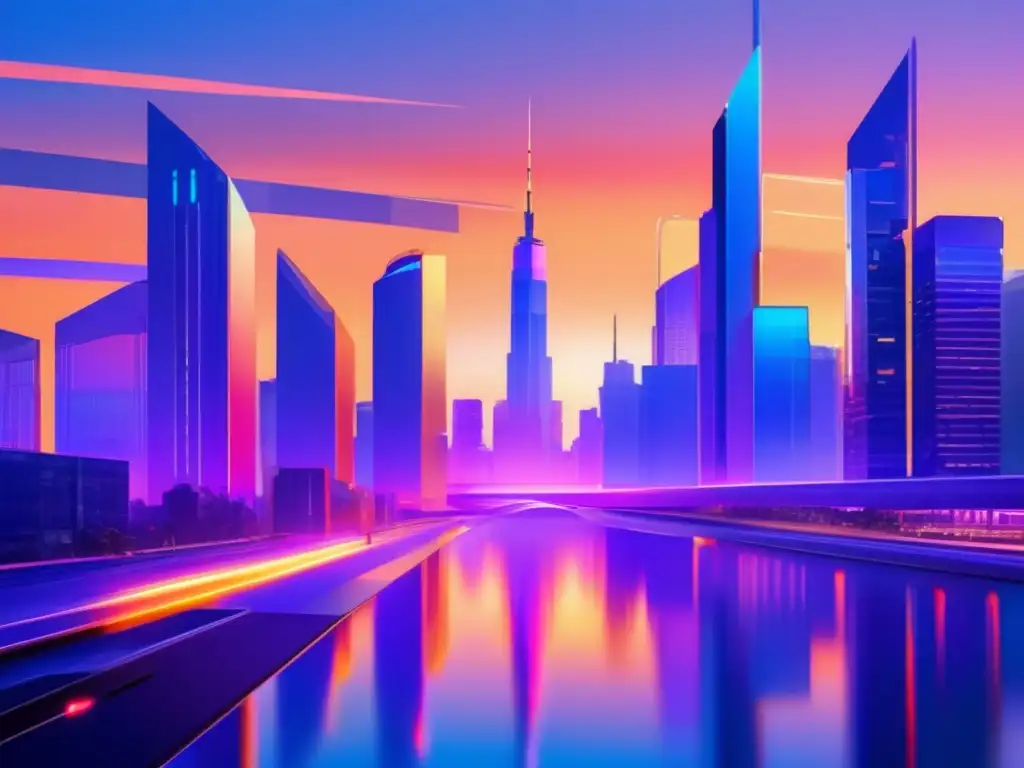 Ciudad futurista al atardecer con rascacielos modernos y dinámicos