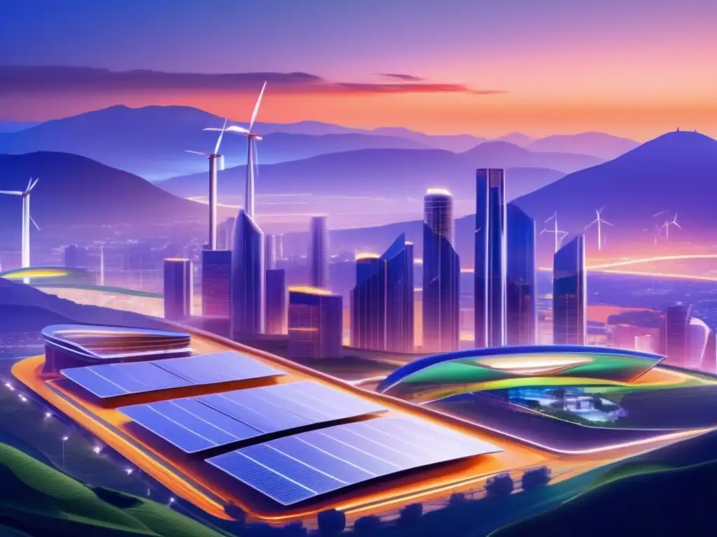 Ciudad futurista sostenible en montañas verdes Ciudad futurista con energía renovable para Preppers