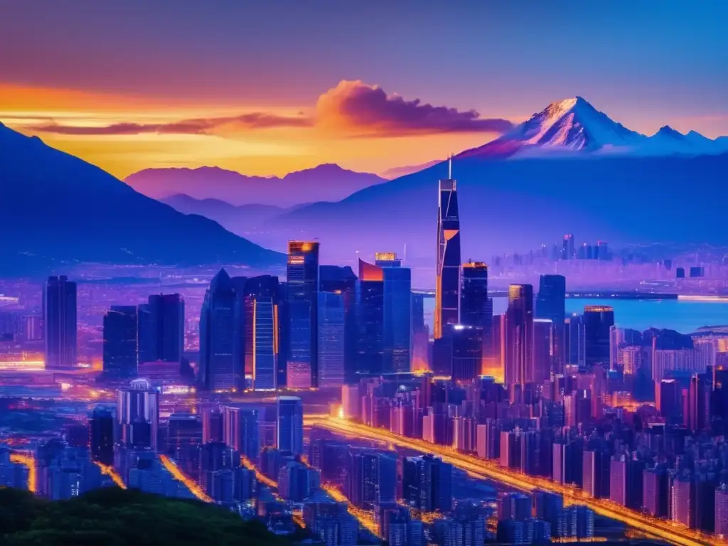 Ciudad cosmopolita al atardecer Consejos de preparación para terremotos en una imagen impresionante de la ciudad al anochecer iluminada por una puesta de sol vibrante
