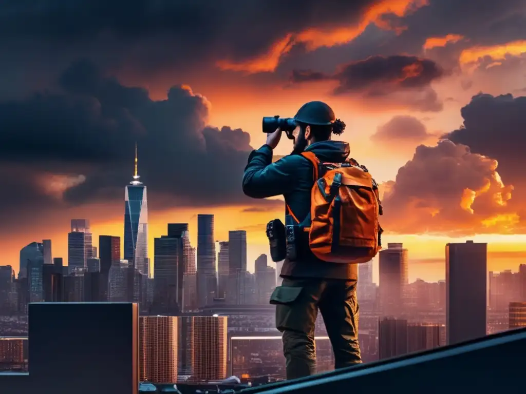 Ciudad moderna al atardecer, persona en la azotea con binoculares Mapas de supervivencia para desastres naturales recomendados: Ciudad moderna al atardecer, con nubes oscuras y persona en el techo con binoculares
