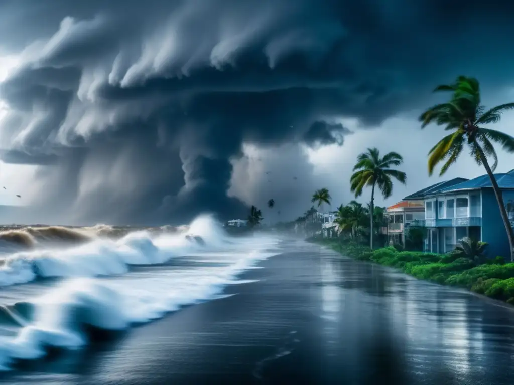 Una ciudad costera en pleno ciclón, con modernos edificios, nubes oscuras, lluvia intensa y viento fuerte