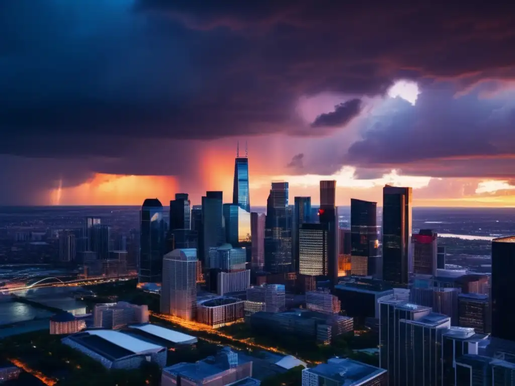 Ciudad futurista bajo nubes de tormenta Guía práctica cambio climático preppers: Ciudad moderna con rascacielos, nubes de tormenta y colores vibrantes