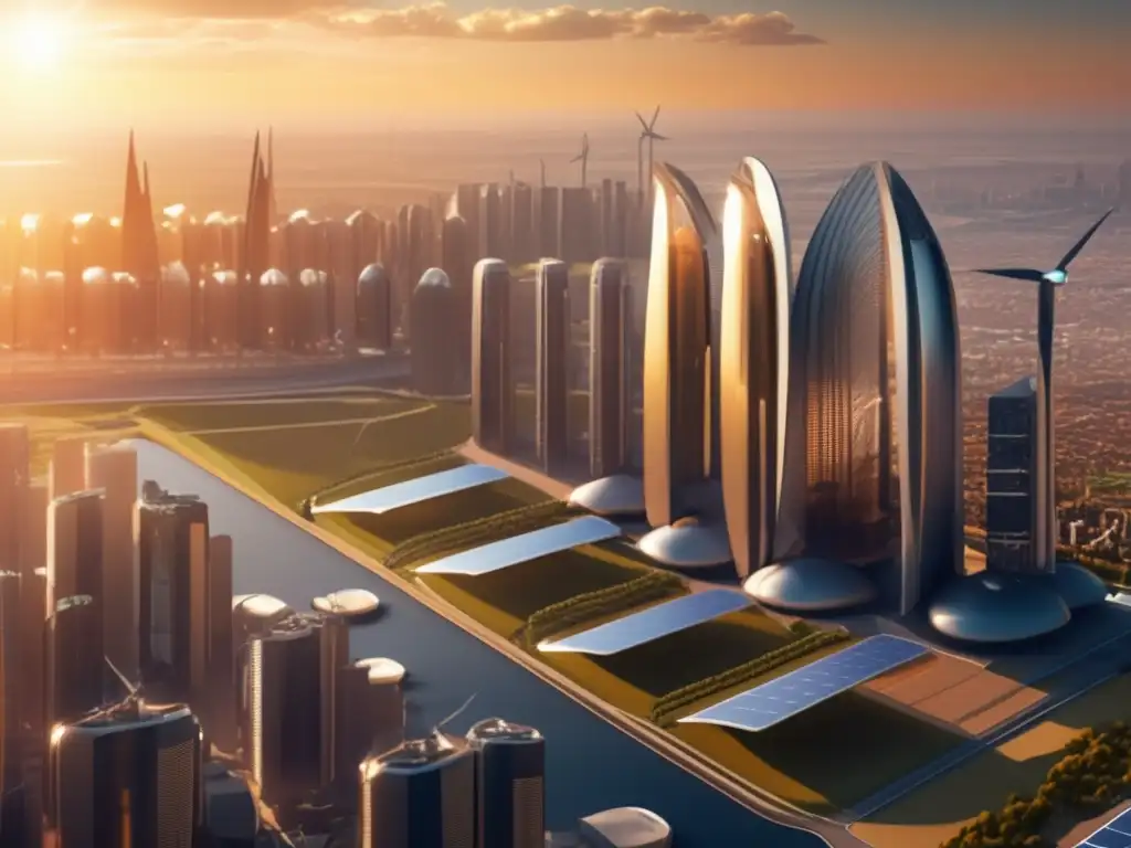 Futurista ciudad sostenible con energías renovables Futuro energía renovable: ciudad moderna, paneles solares, turbinas eólicas, río y presa hidroeléctrica