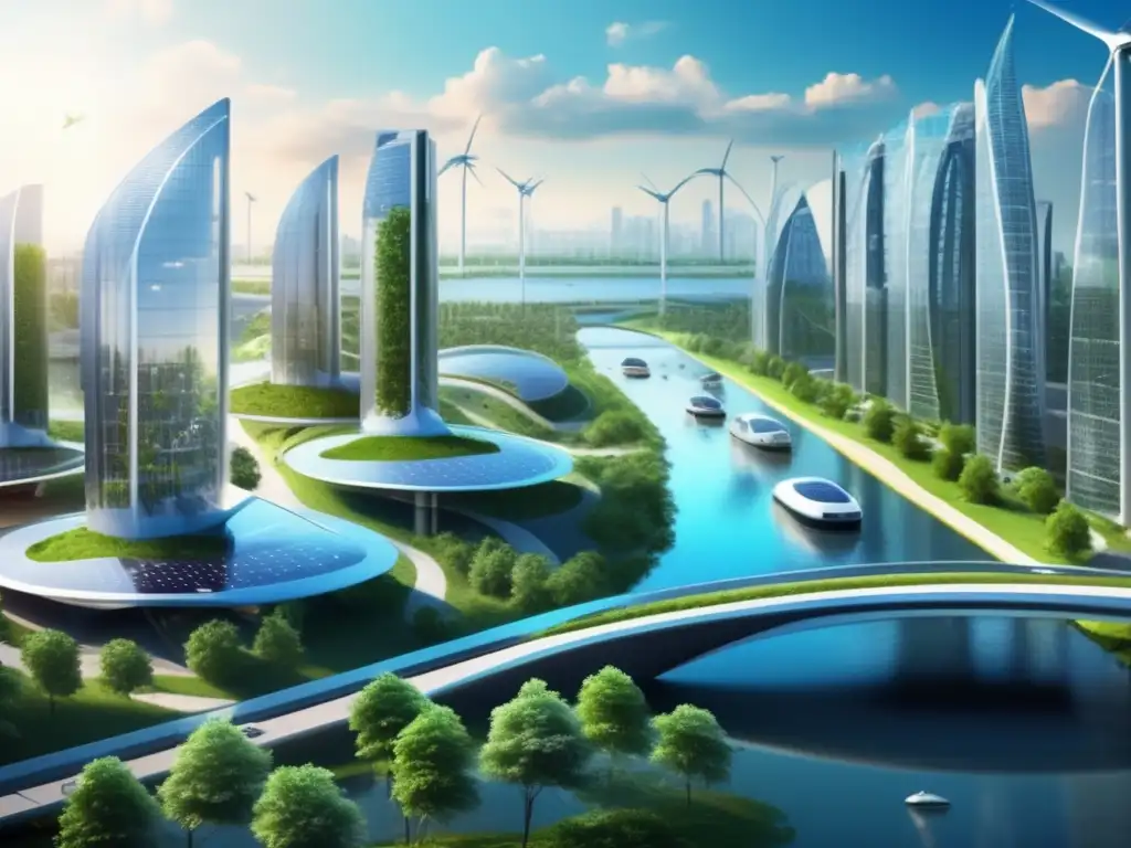 Futurista ciudad sostenible con naturaleza, energía renovable y transporte ecofriendly