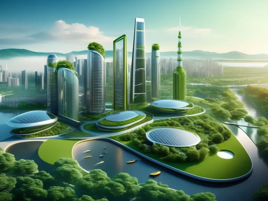 Futurista ciudad verde con edificios sostenibles y energías renovables