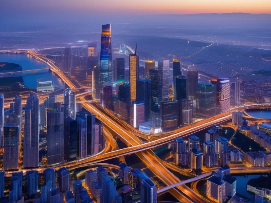 Vista aérea impactante de la ciudad al atardecer, con luces vibrantes e imponentes edificios