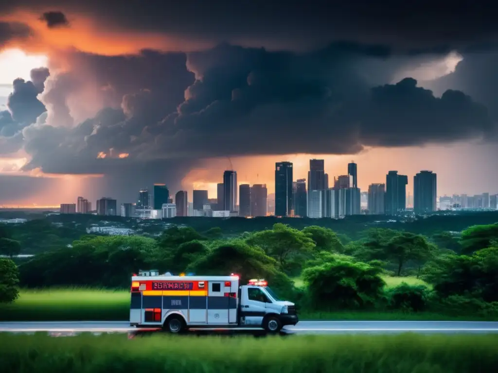 Ciudad urbana al atardecer con nubes oscuras y vehículos de emergencia