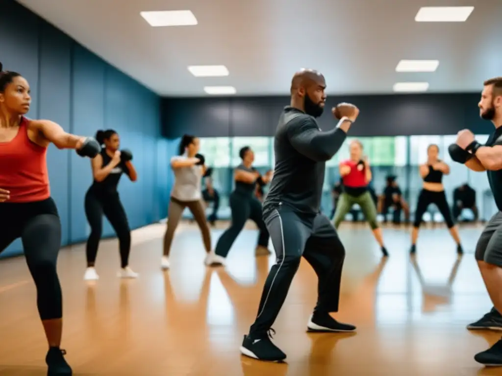 Técnicas de defensa personal efectivas: grupo diverso practicando en un gimnasio equipado y espacioso