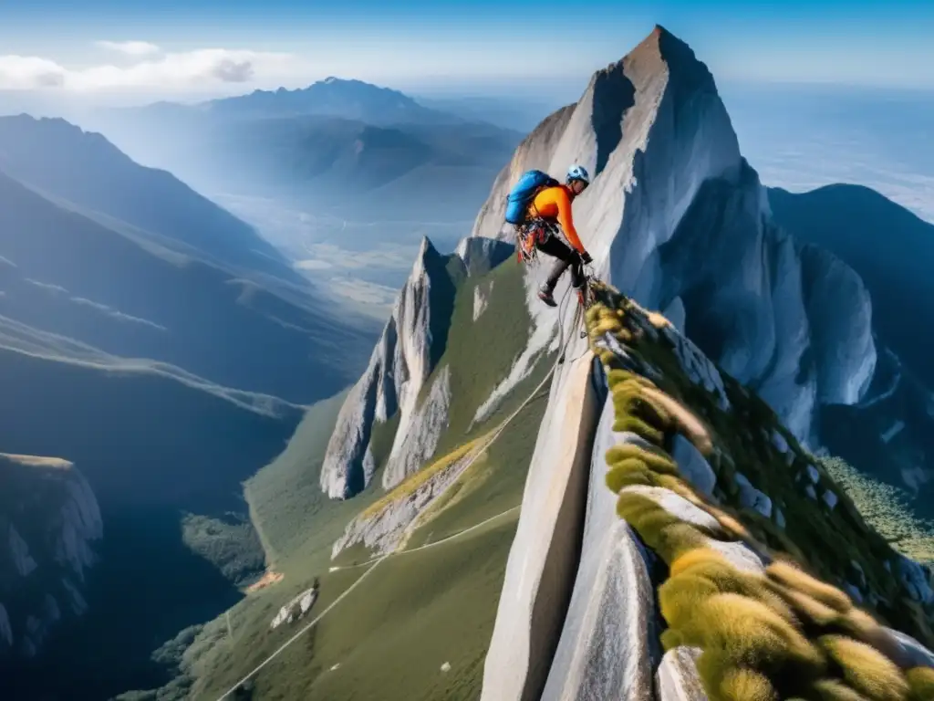 Técnicas de escalada segura en montaña: escalador experto realizando maniobra de frenado perfecta