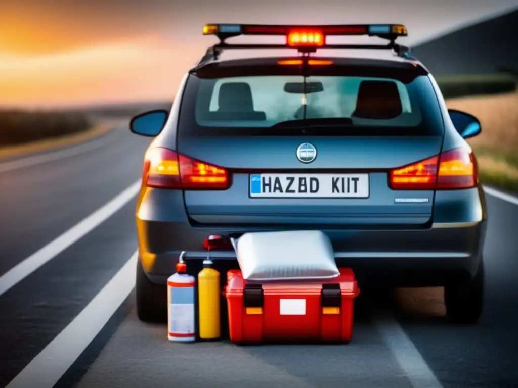 Kits de emergencia para vehículos: coche moderno con luces de emergencia y completo equipo en el maletero