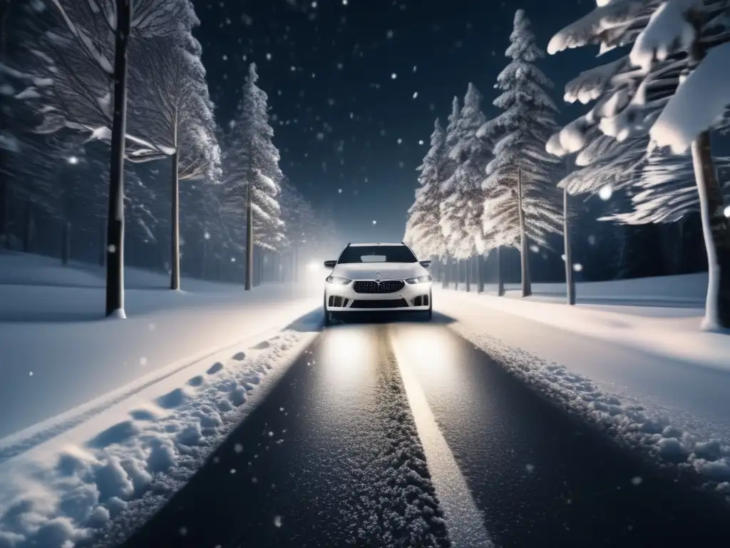 Imagen: Coche en carretera nevada de noche, resaltando kit de emergencia invierno vehículo