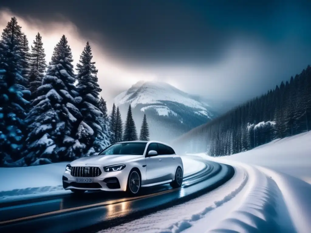 Coche cubierto de nieve en carretera de montaña: Kit de emergencia para carretera