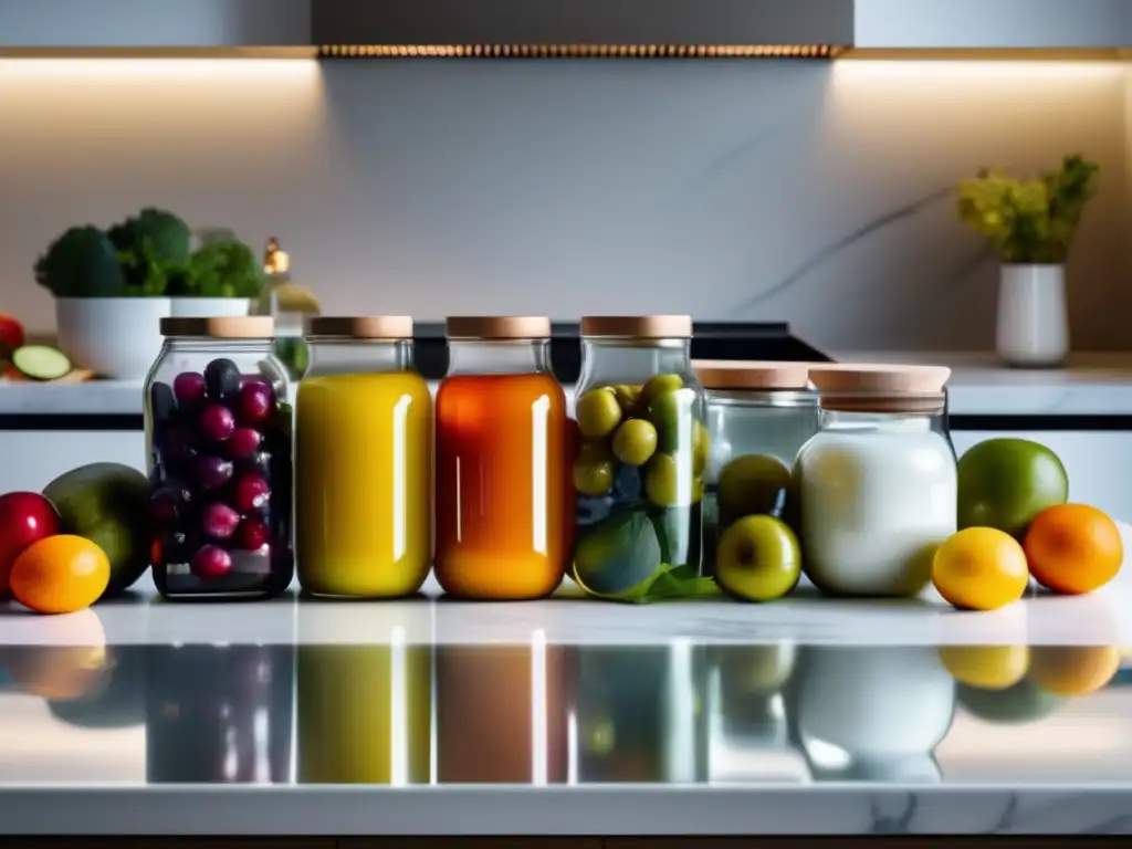 Encimera de cocina de mármol blanco, tarros de vidrio con frutas y verduras en aceite de oliva casero