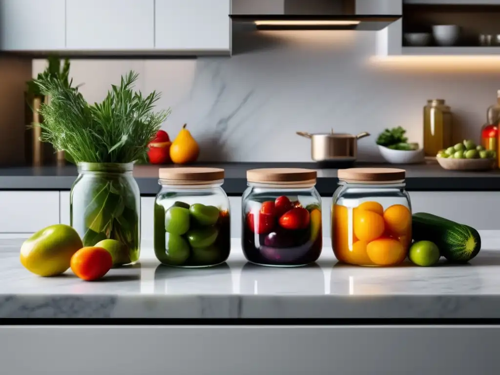 Cocina moderna con encimera de mármol blanco y frutas y verduras en frascos de vidrio sellados con aceite de coco casero