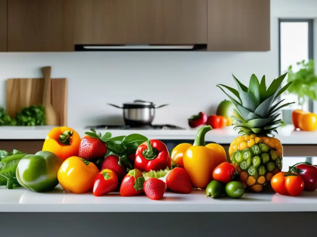 Encantadora cocina moderna con frutas y verduras frescas