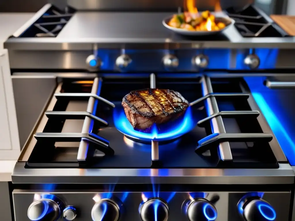 Cocina moderna con estufa de gas, parrilla de acero, barbacoa, horno de leña y más