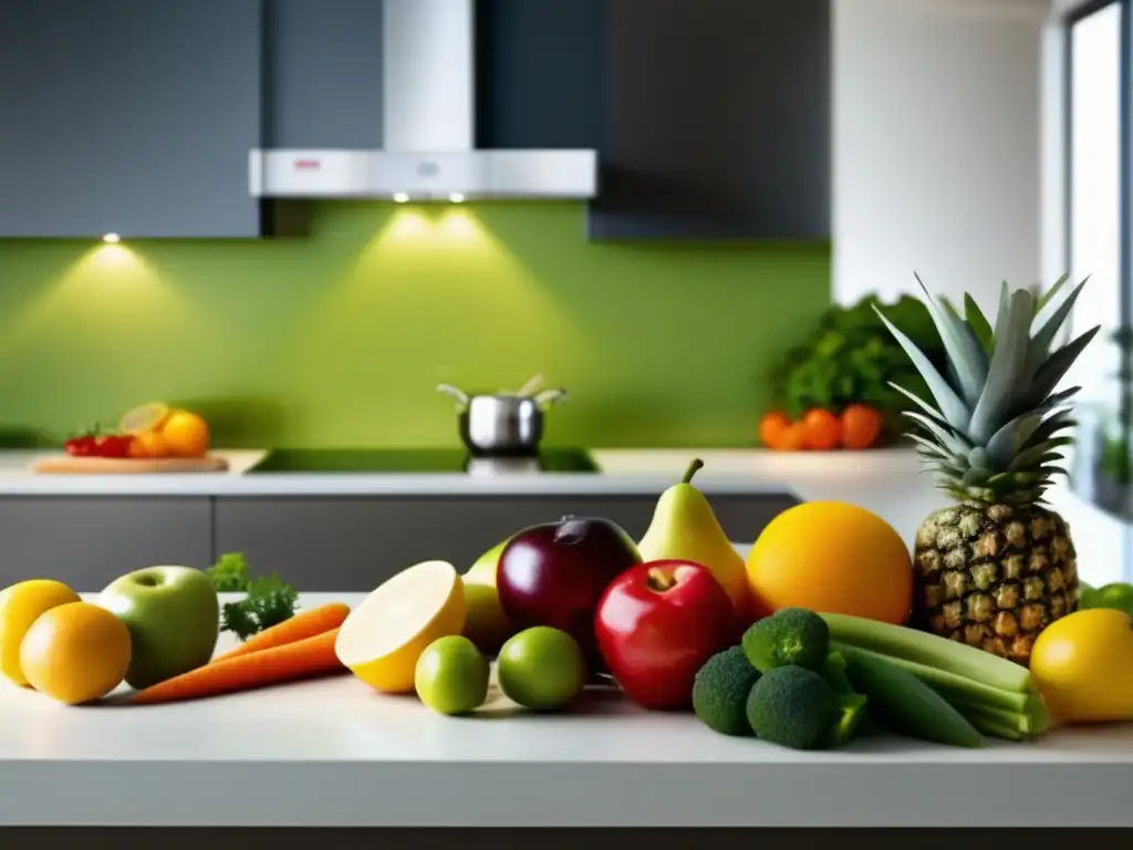 Alimentos seguros contra plagas en cocina moderna con frutas y verduras frescas y vibrantes