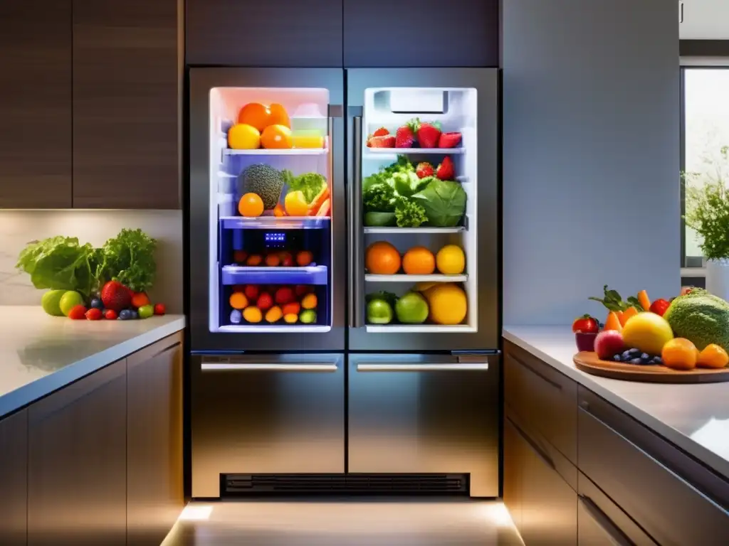 Cocina moderna con frutas y verduras frescas organizadas en contenedores transparentes