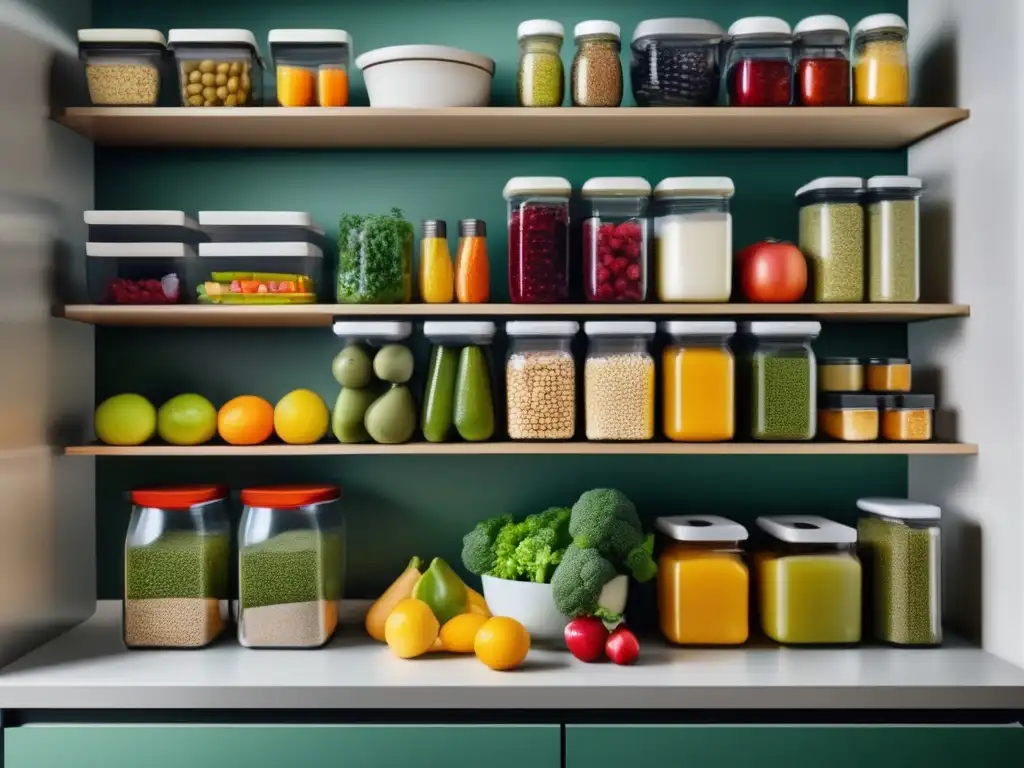 Cocina moderna con estanterías organizadas y alimentos conservados, resaltando calidad y nutrición