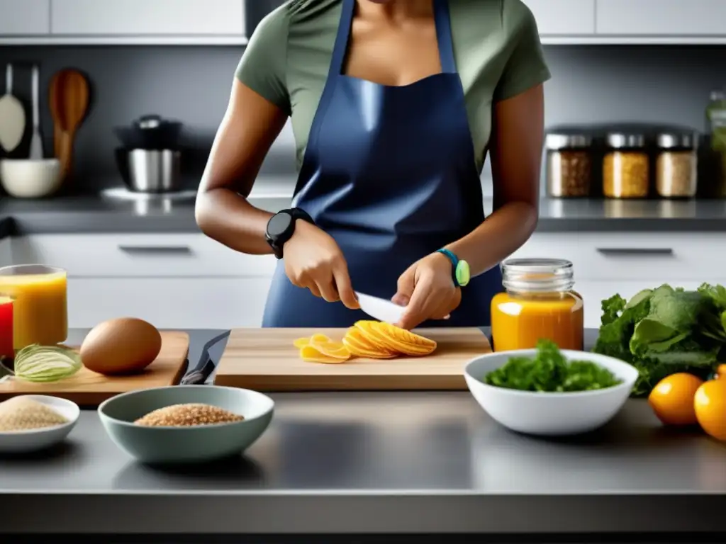 Cocina moderna con alimentos organizados, persona con pulsera de alerta médica, evitando alérgenos