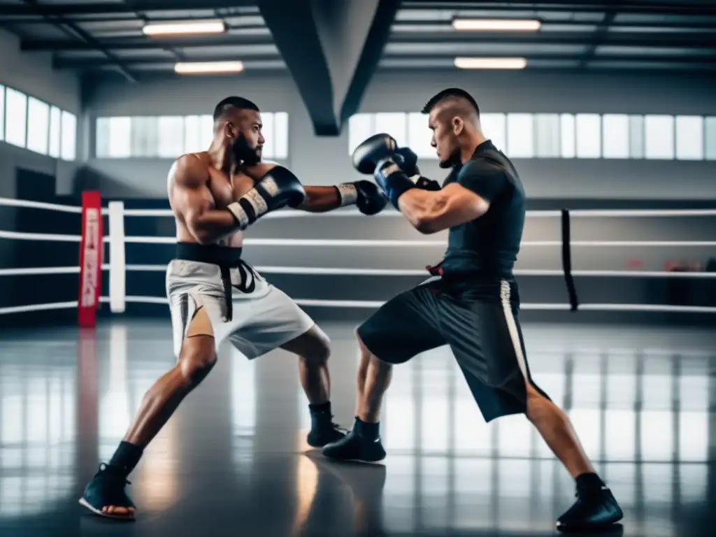 Técnicas de combate cuerpo a cuerpo: Intenso combate mano a mano en un moderno y elegante gimnasio de entrenamiento