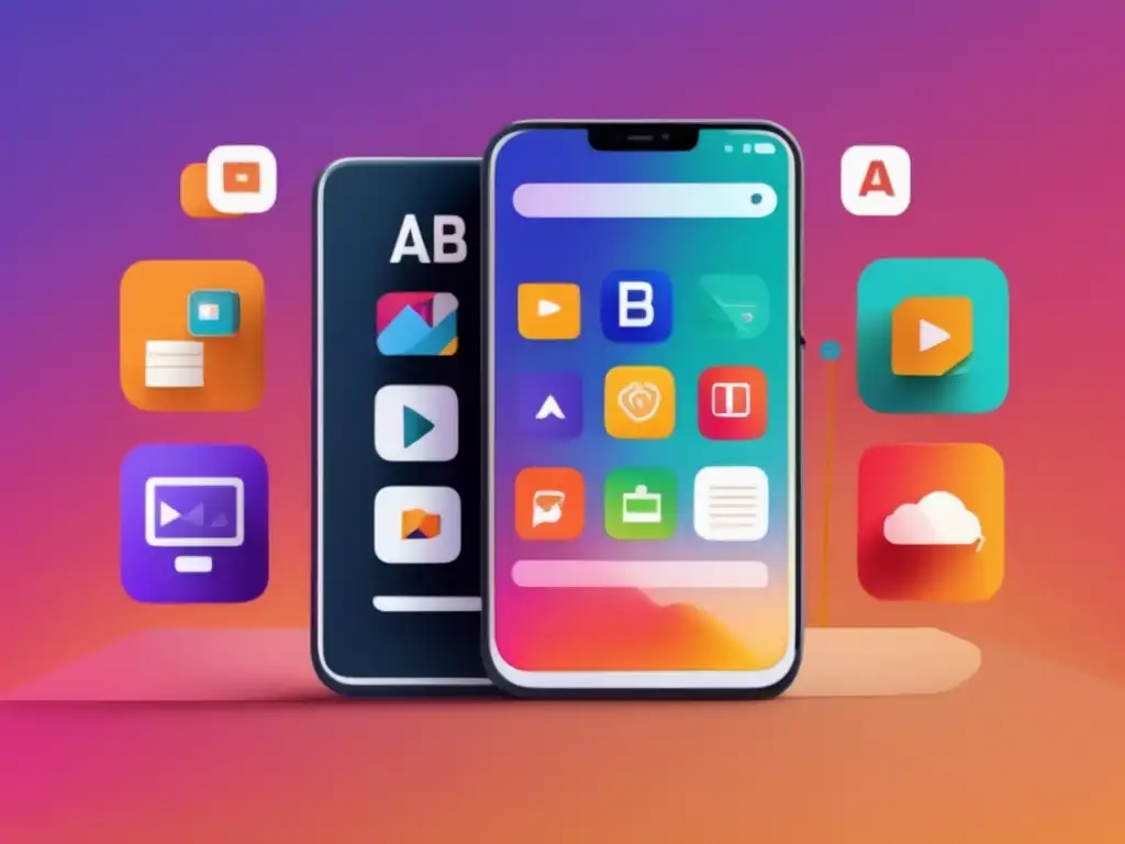 Ilustración moderna de dos smartphones con aplicaciones A y B para preparacionistas: ventajas y desventajas de apps móviles