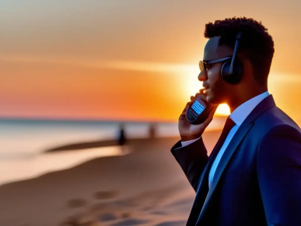 Persona usando walkie talkie en emergencia en una playa al atardecer