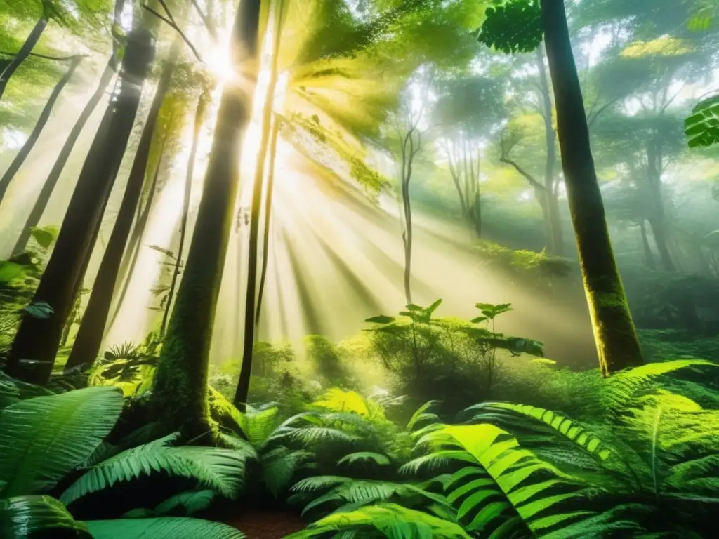 Técnicas de comunicación en la naturaleza: imagen impresionante de un bosque exuberante con rayos de luz dorada filtrándose a través del dosel