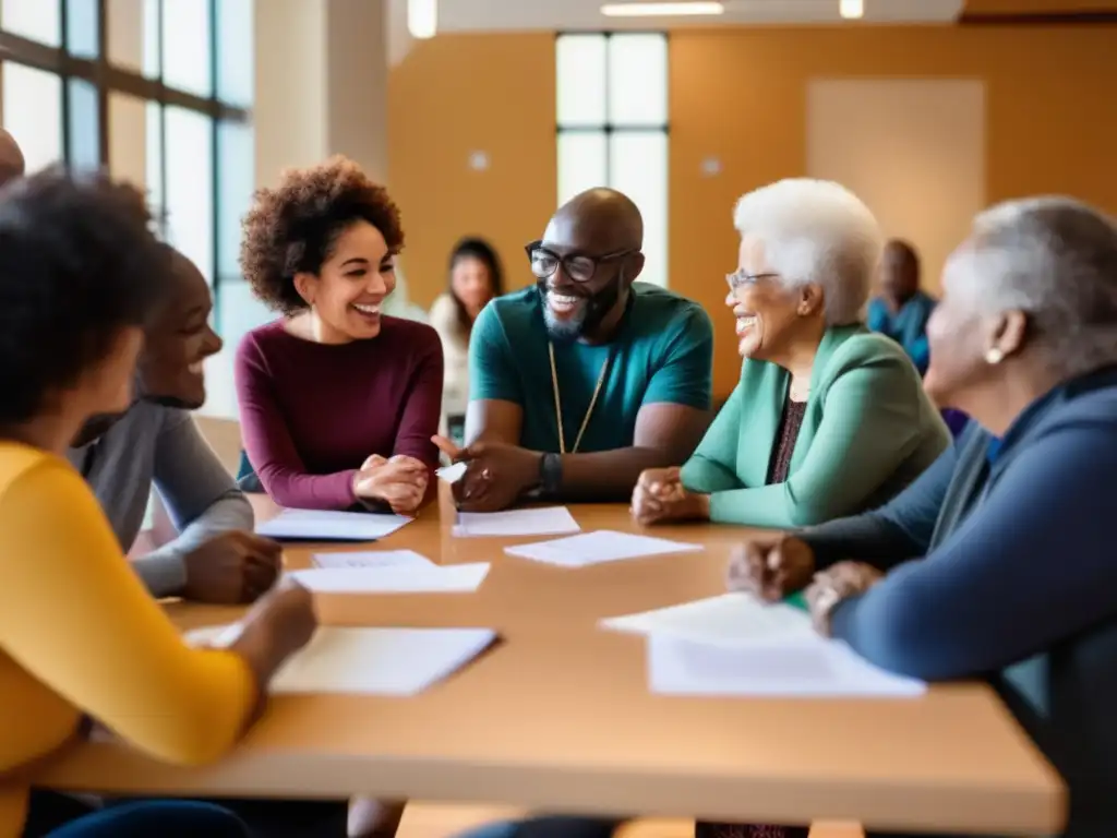 Grupo diverso de personas en un centro comunitario, discutiendo sobre preparación y la integración de ancianos