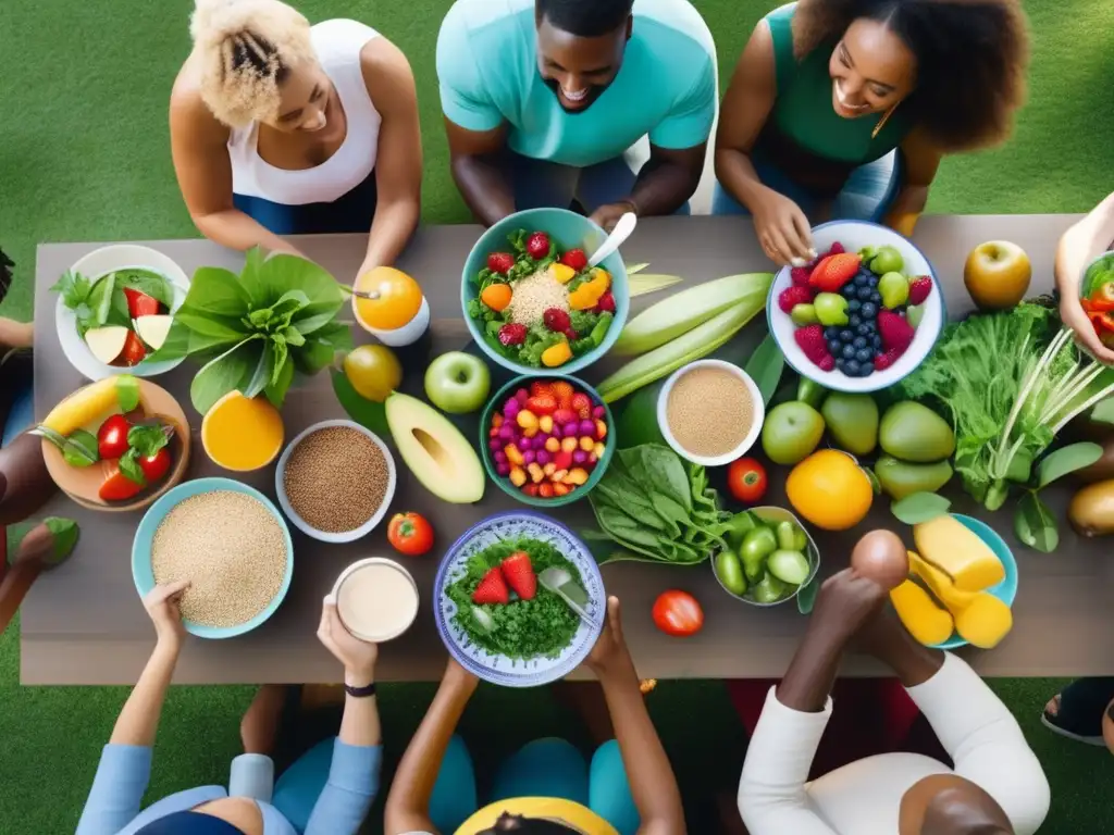 Personas disfrutando de una comida nutritiva al aire libre: Alimentos esenciales para supervivencia