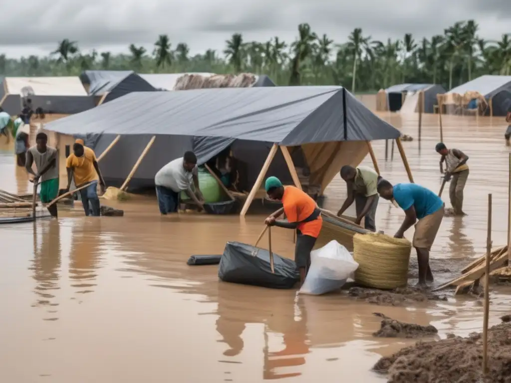 Técnicas de supervivencia en inundaciones: Comunidad resiliente construyendo refugios ante la creciente del agua