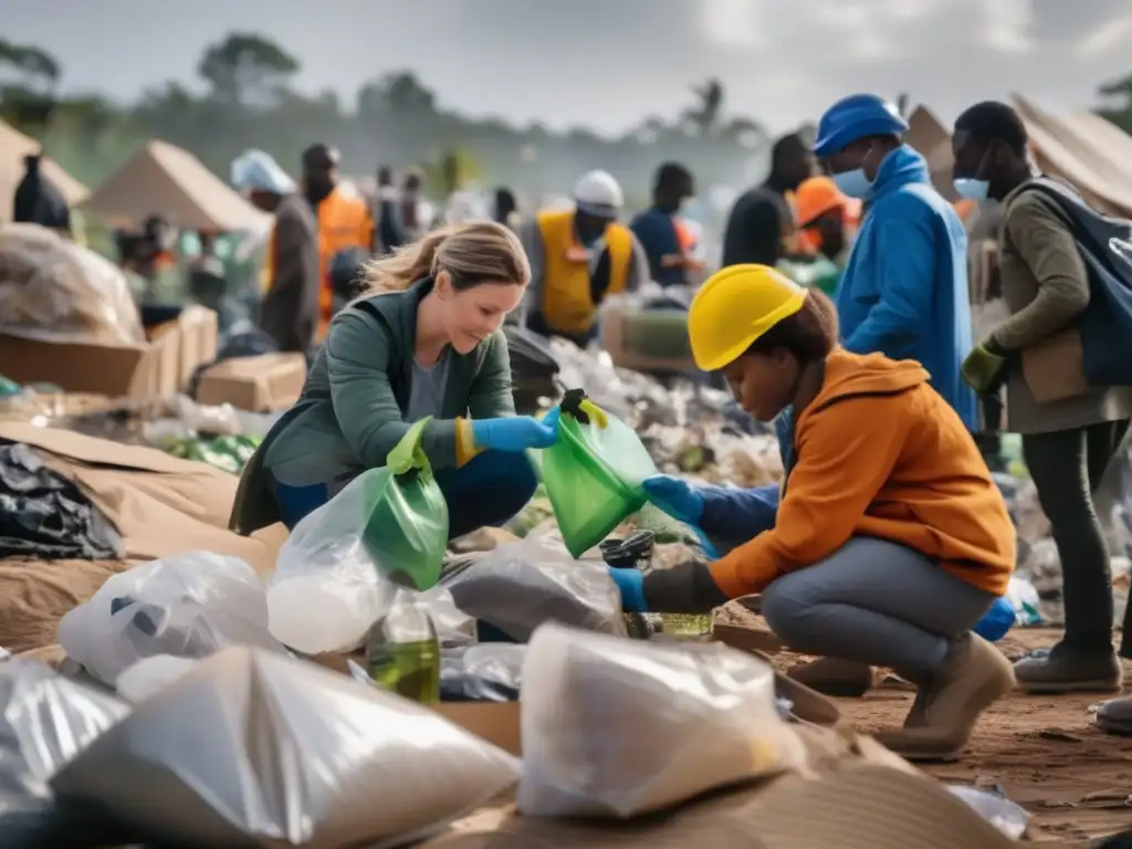 Personas trabajando juntas en área de desastre, utilizando reciclaje como herramienta de supervivencia