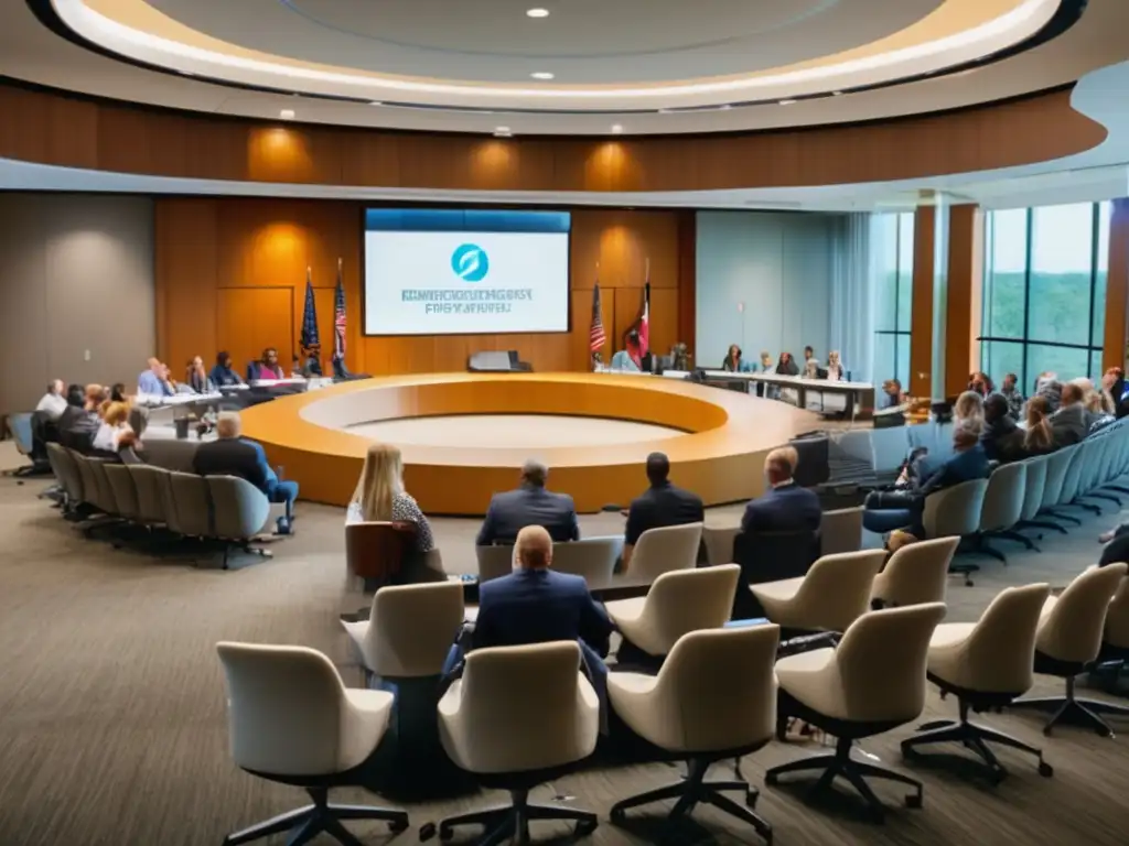 Sala de conferencias moderna con personas en evento de preparación para emergencias